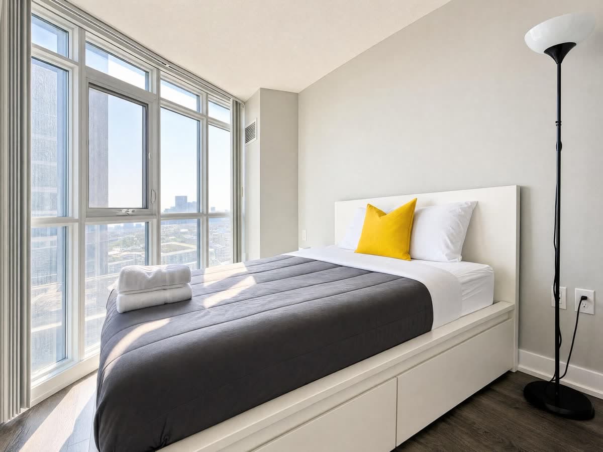 Second bedroom in a real Parade two-bedroom furnished suite in CityPlace, Toronto