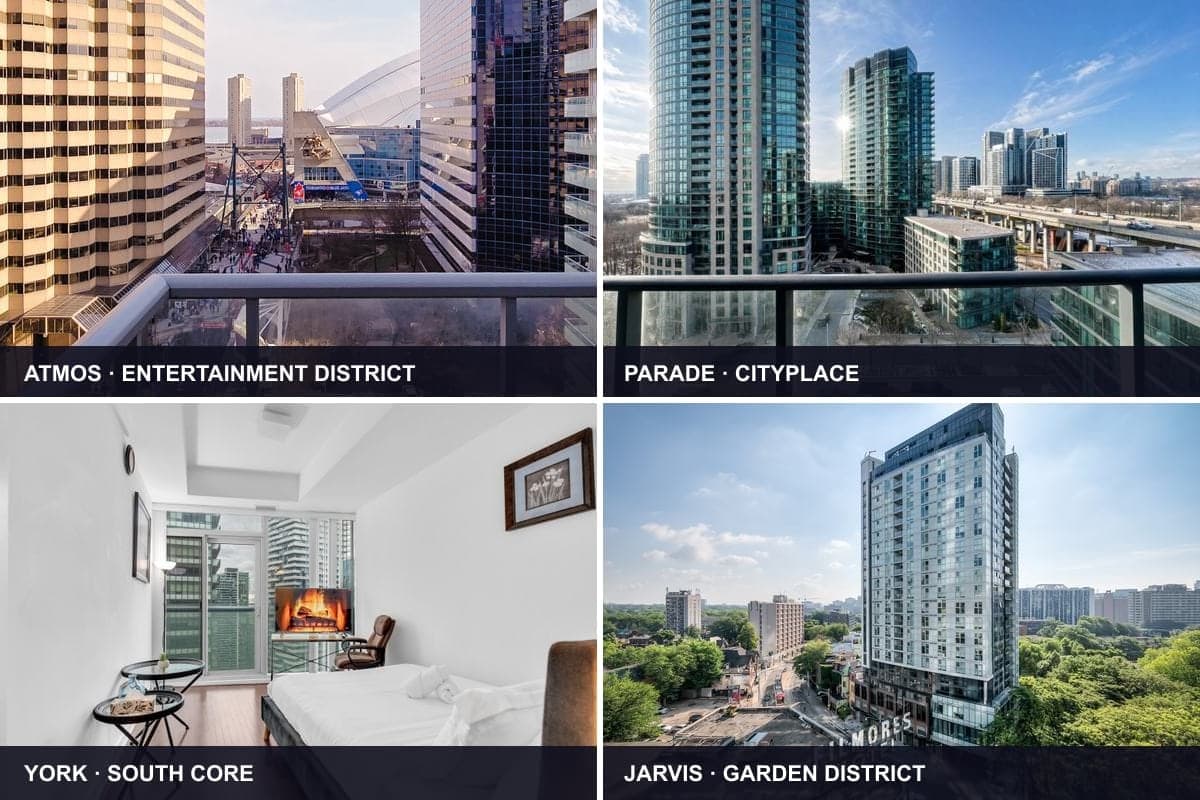 Four real StayToronto suite and view photographs from York, Atmos, Parade and Jarvis