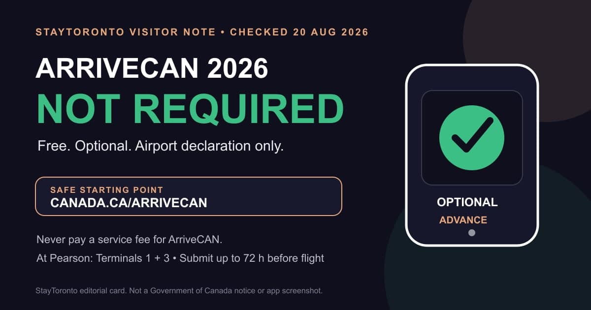 ArriveCAN 2026 visitor card stating that the service is not required, free and optional