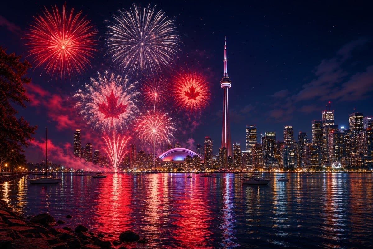 Conceptual illustration of Canada Day fireworks over the downtown Toronto waterfront skyline at night