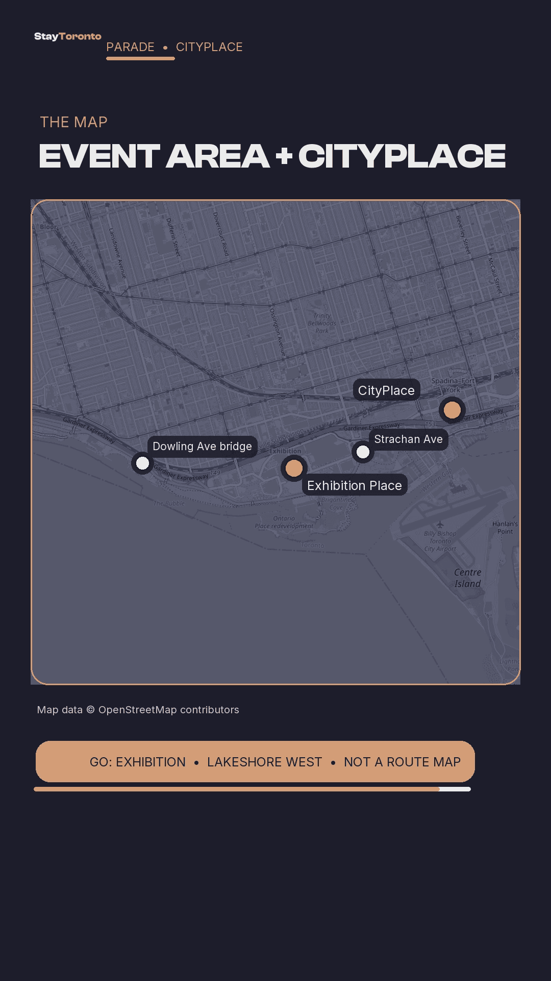 Map marking CityPlace, Exhibition Place, Strachan Avenue and the Dowling Avenue bridge; not a route map