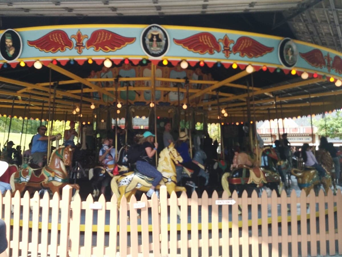 Painted horses and canopy of the Centreville carousel