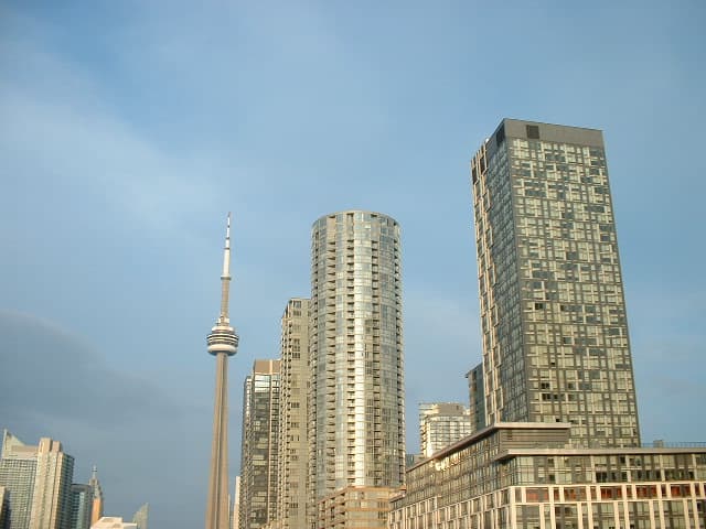 CityPlace condo towers with the CN Tower behind them