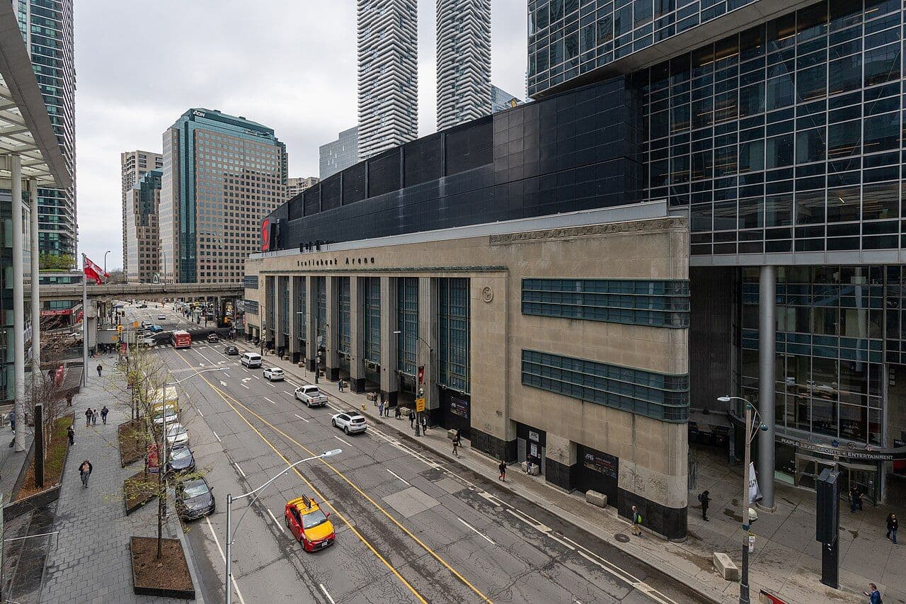 Scotiabank Arena exterior and Bay Street, viewed from CIBC Square in Toronto