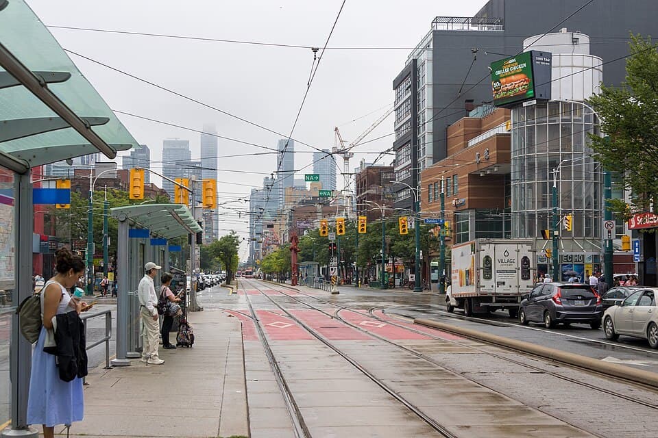 Spadina streetcar platform and tracks at Dundas Street near Kensington Market, Toronto