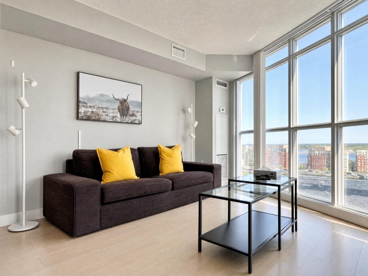Living room in a real Parade two-bedroom suite in CityPlace near Fort York