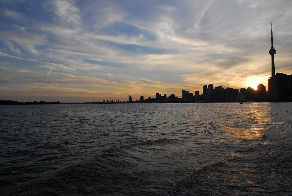 Toronto skyline and CN Tower seen from a Toronto Island ferry