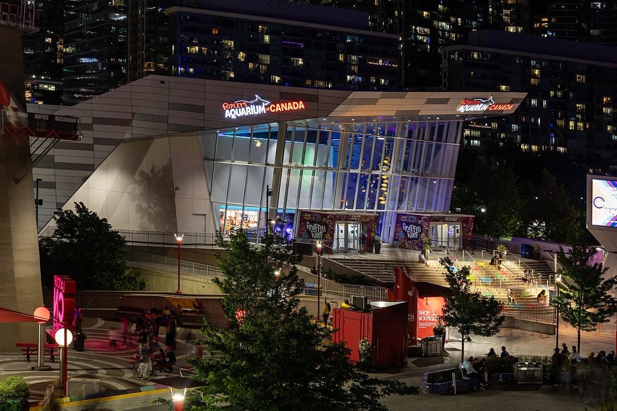 Ripley's Aquarium of Canada exterior at night in downtown Toronto