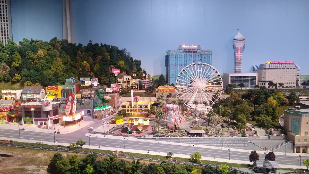 Miniature buildings and illuminated attractions in Little Canada