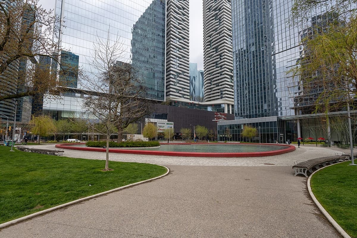 The heart-shaped pond and curved paths at Love Park on Toronto's waterfront