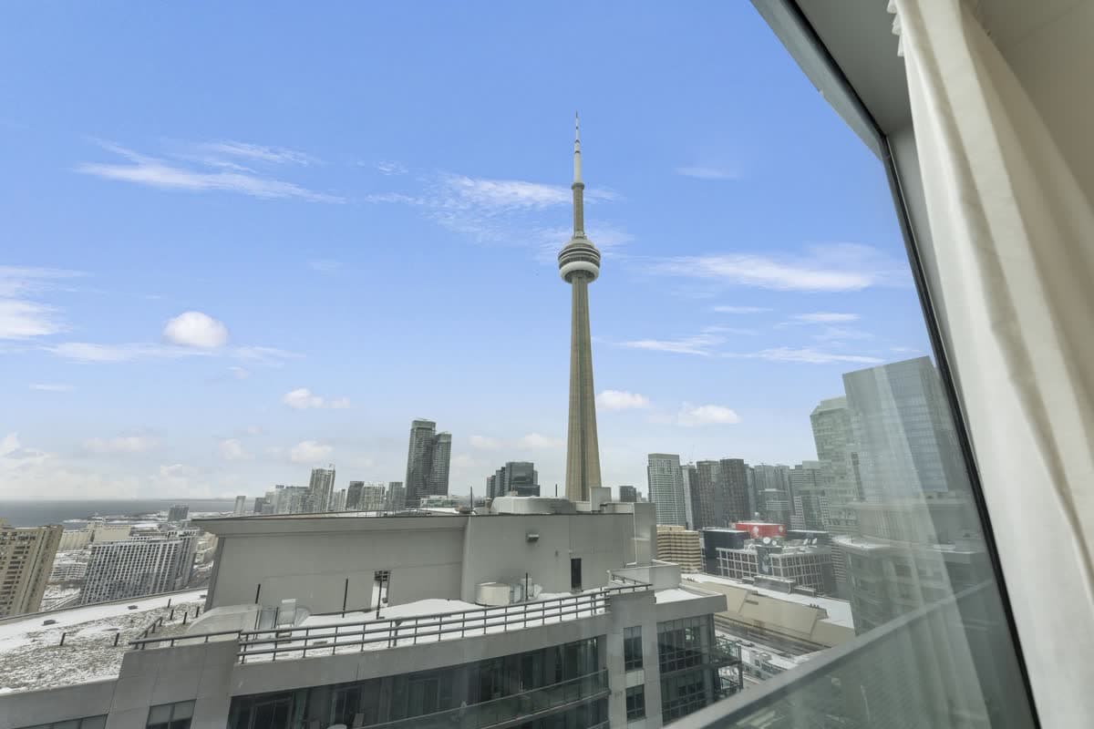 CN Tower and downtown Toronto seen from one real StayToronto York suite in South Core
