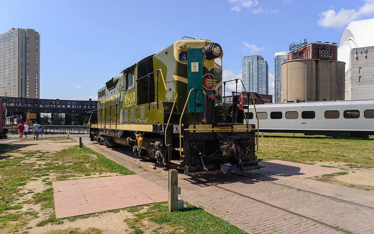 A preserved locomotive on the tracks at Roundhouse Park in downtown Toronto