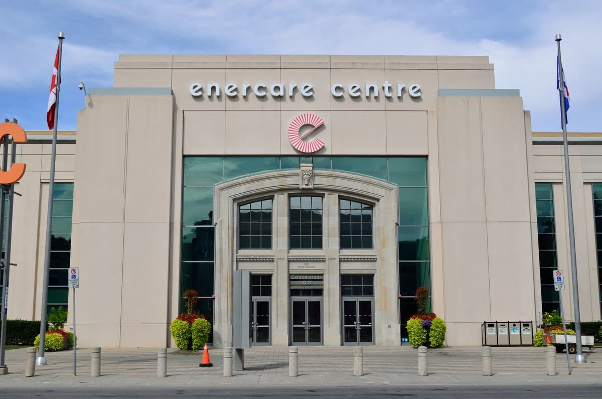 Enercare Centre entrance at Exhibition Place, with the venue name above the doors