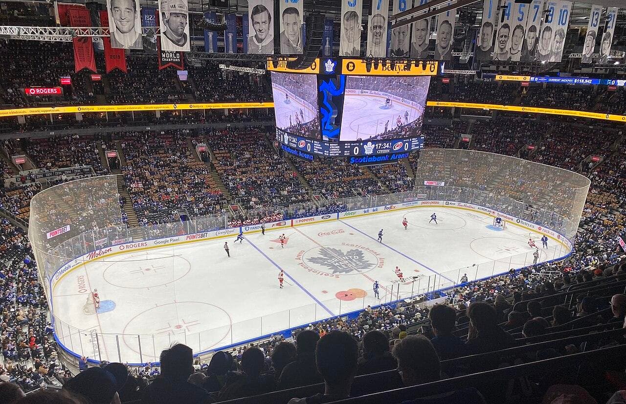 Ice rink, centre scoreboard and spectator seating inside Scotiabank Arena