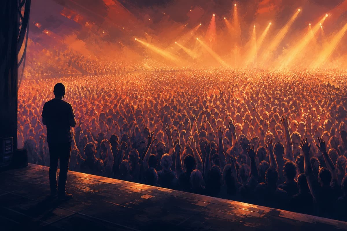 Editorial illustration of a large concert crowd facing a stage with a performer in silhouette under warm stage lights