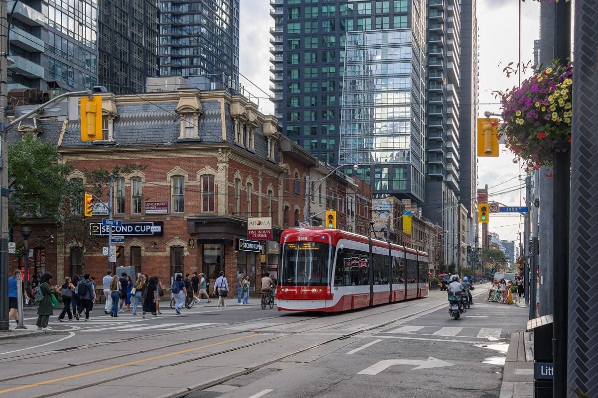 A 504 TTC streetcar on King Street West near John Street, getting around downtown Toronto without a car