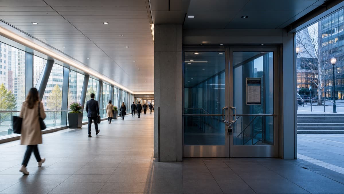 Concept illustration of an open weekday indoor walkway beside a locked after-hours glass connection