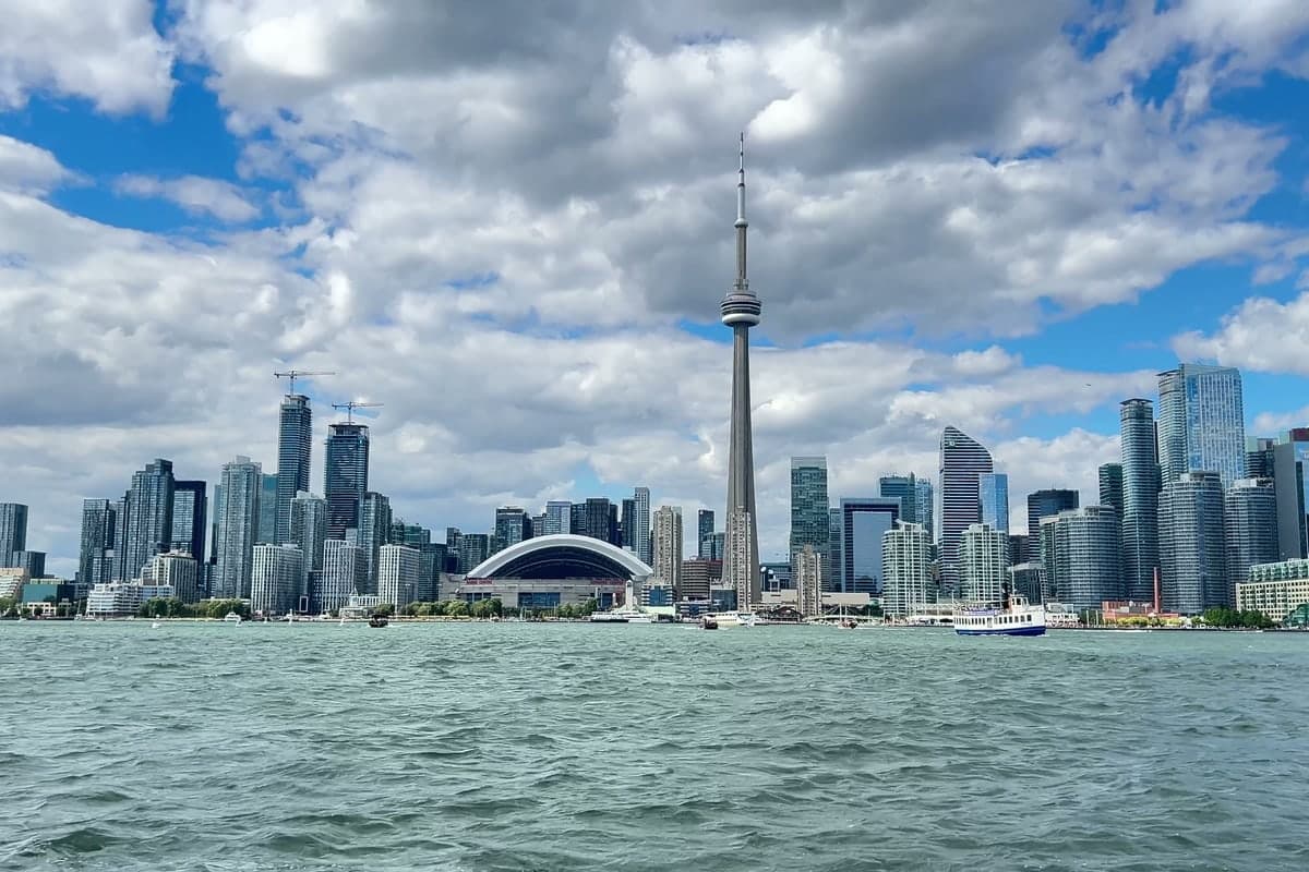 Toronto waterfront skyline with the CN Tower and Rogers Centre seen from Lake Ontario
