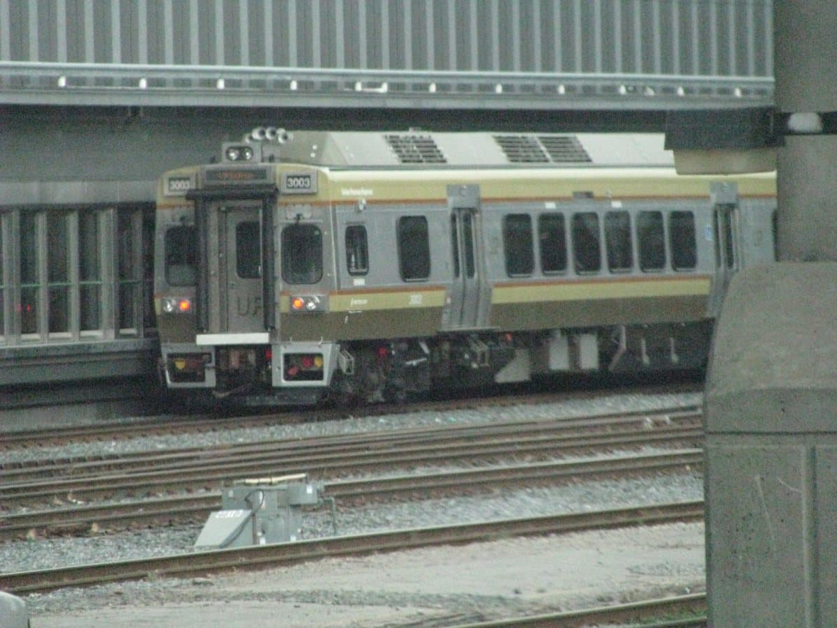 UP Express train beside the railway platforms in Toronto