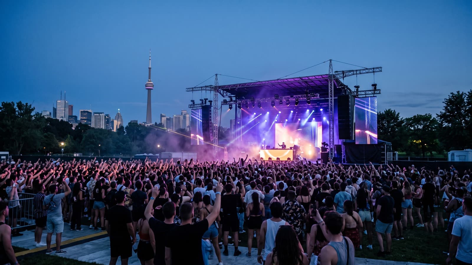 Illustration of a festival crowd facing a purple-lit stage with a stylized Toronto skyline
