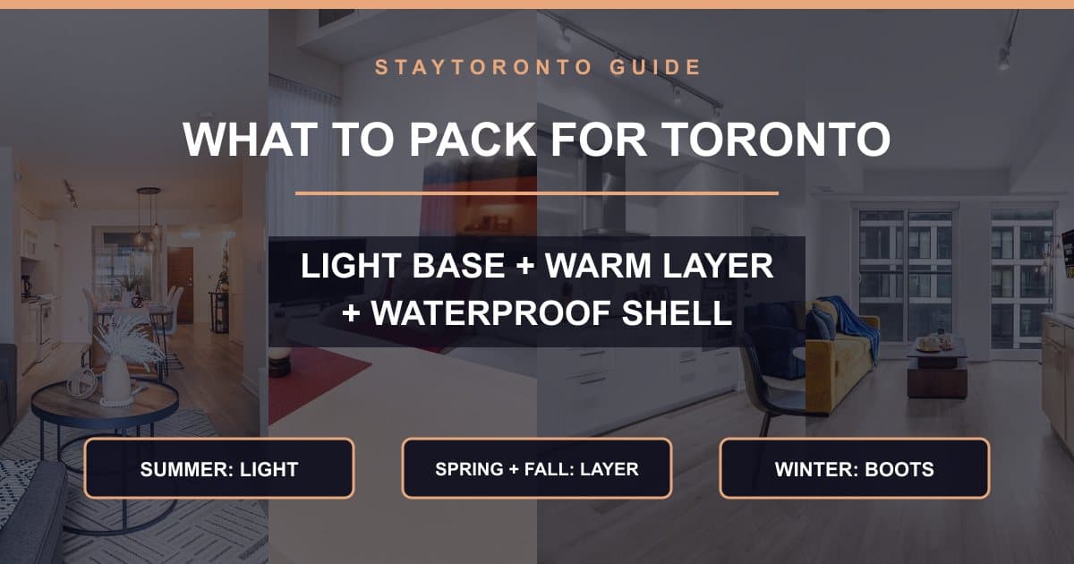 Toronto seasonal packing card over four real StayToronto suite photographs